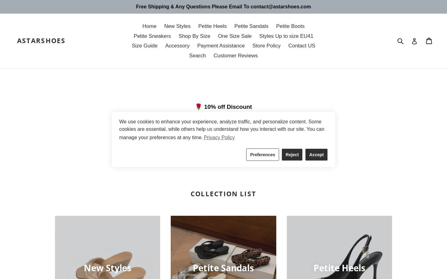 astarshoes.com homepage screenshot