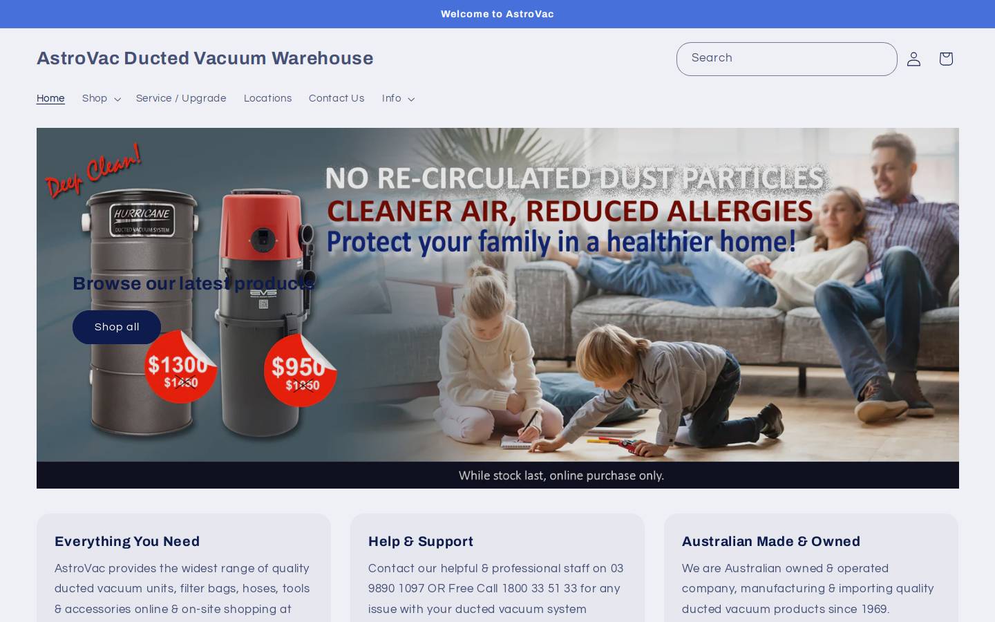 DUCTED VACUUM WAREHOUSE - ASTROVAC homepage screenshot
