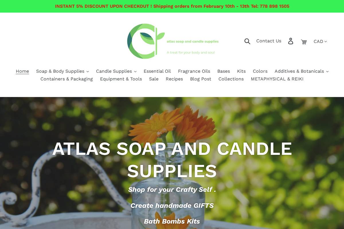 atlassoapandcandlesupplies.com homepage screenshot