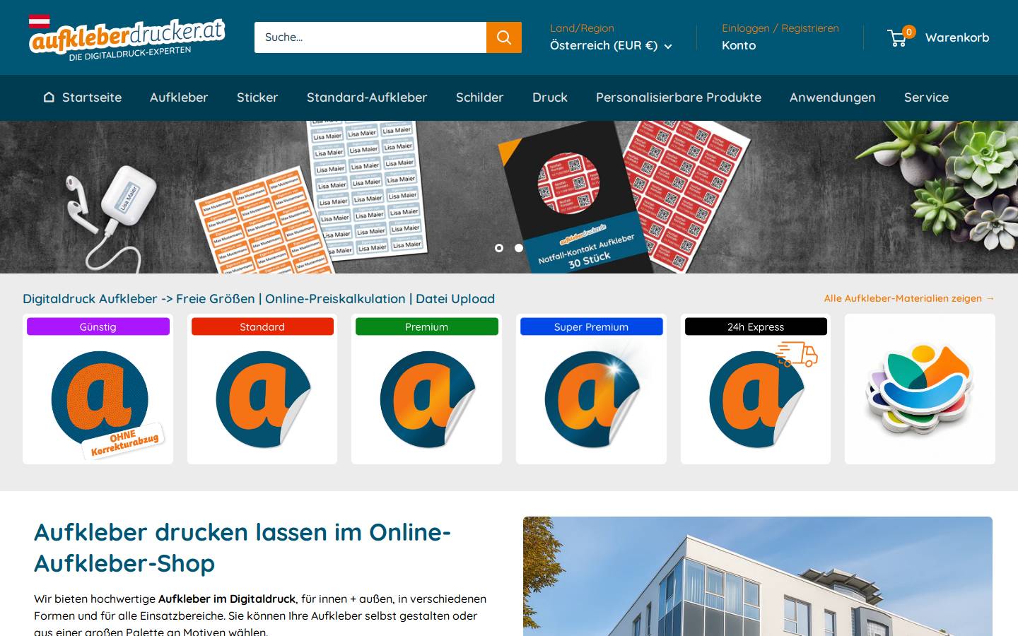 Aufkleberdrucker homepage screenshot
