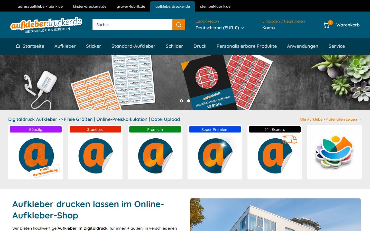 Aufkleberdrucker homepage screenshot