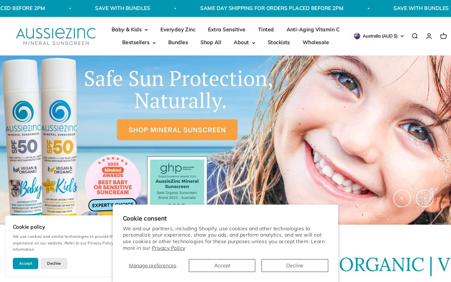 aussiezincsunscreen.com.au homepage screenshot