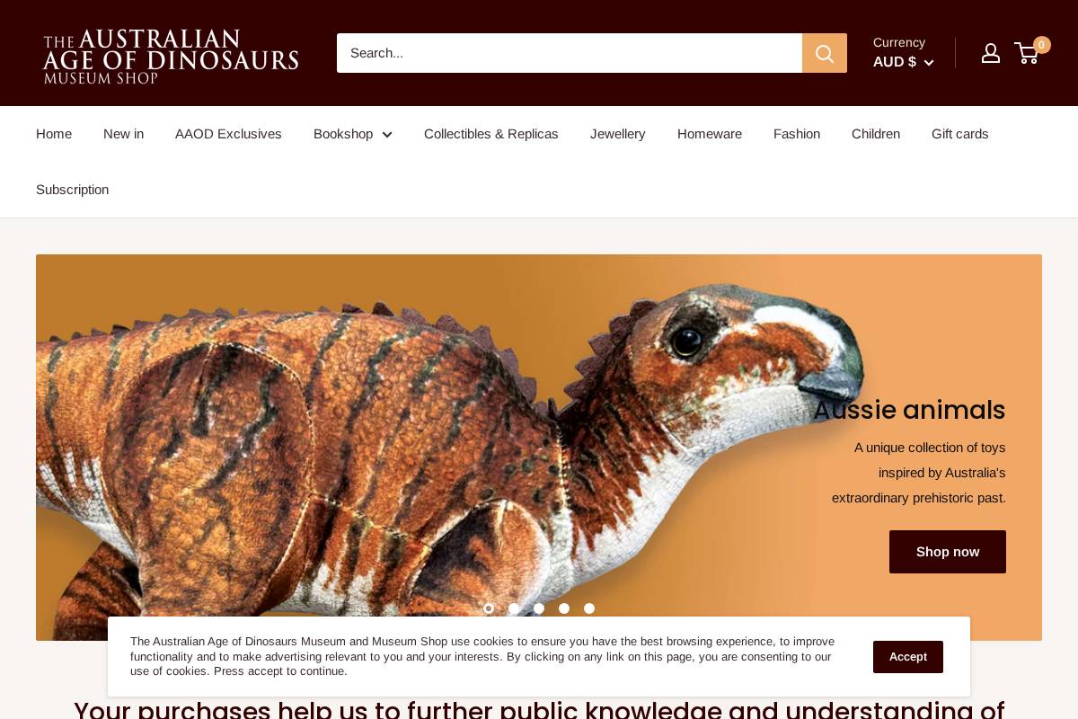 australianageofdinosaursmuseumshop.com homepage screenshot