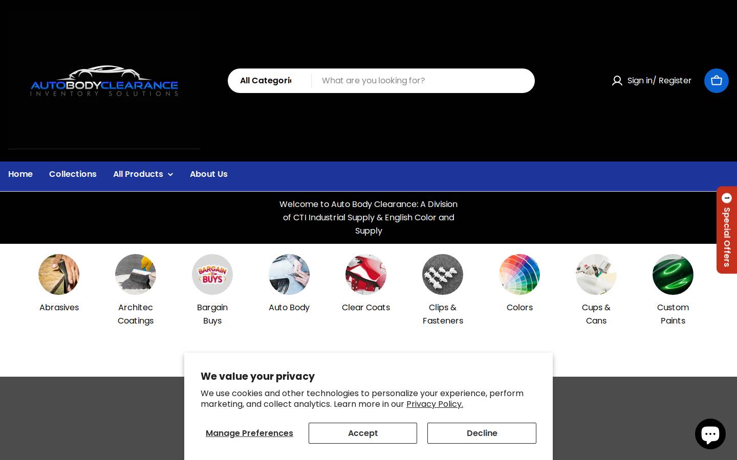 autobodyclearance.com homepage screenshot