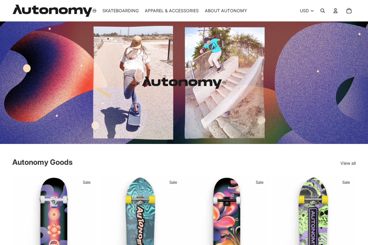 Autonomy Skateboarding homepage screenshot