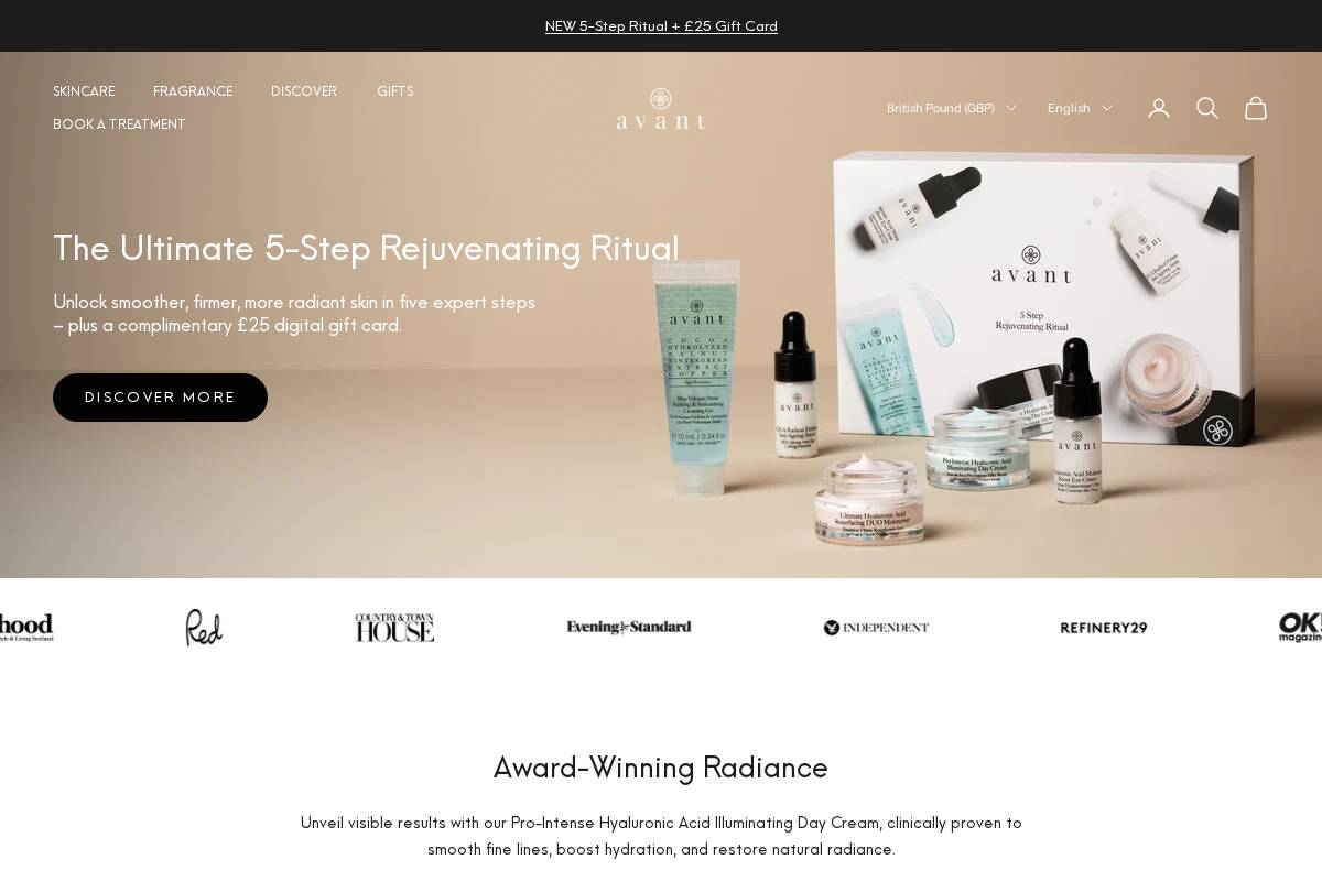 Avant Skincare homepage screenshot