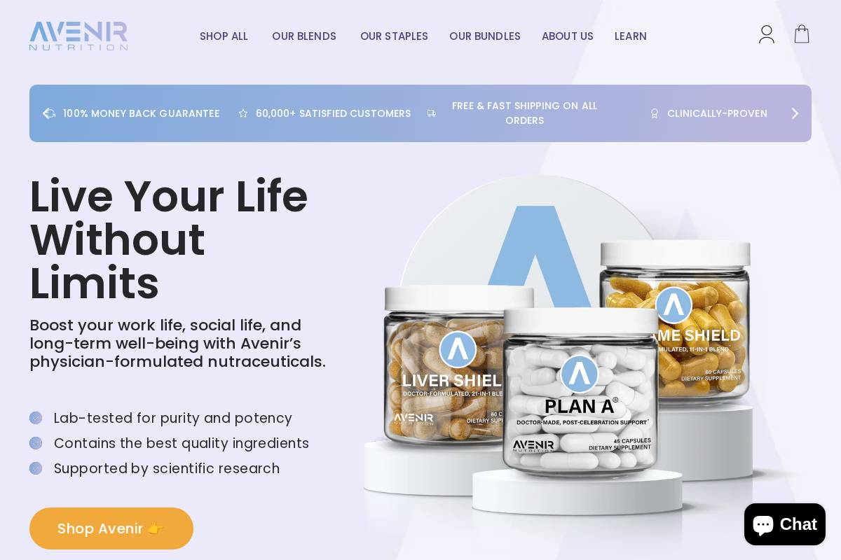 Avenir Nutrition homepage screenshot