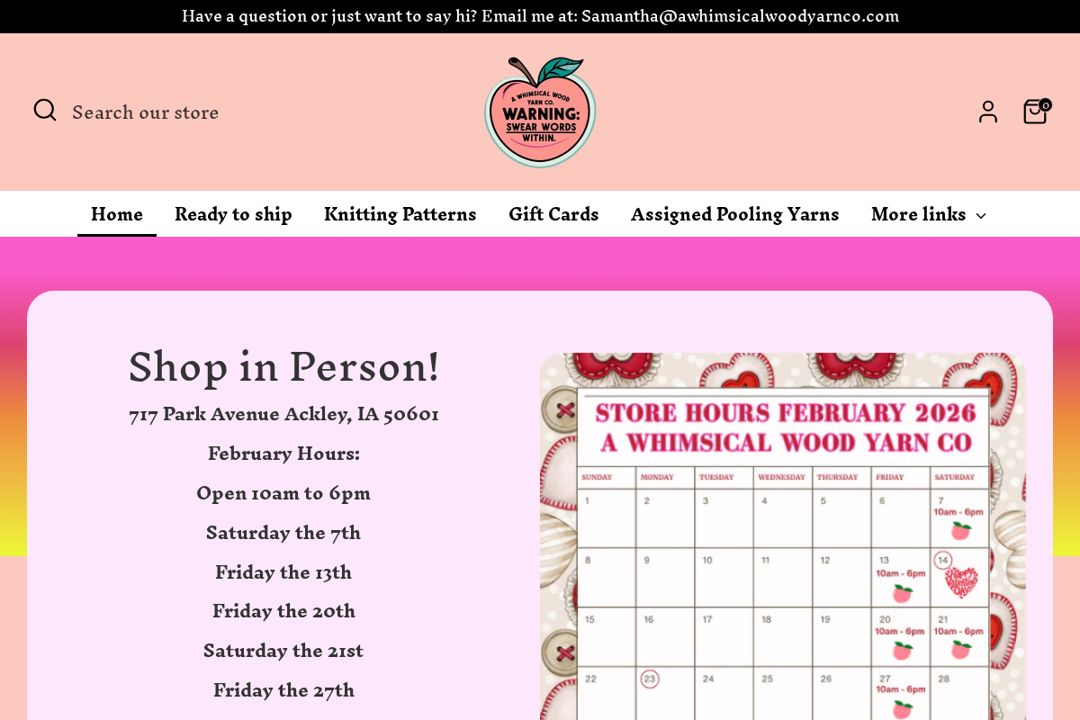 A Whimsical Wood Yarn Co. homepage screenshot