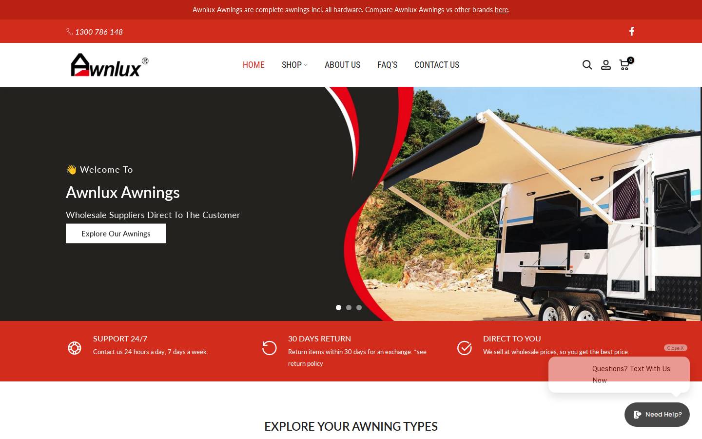 awnluxawnings.com.au homepage screenshot