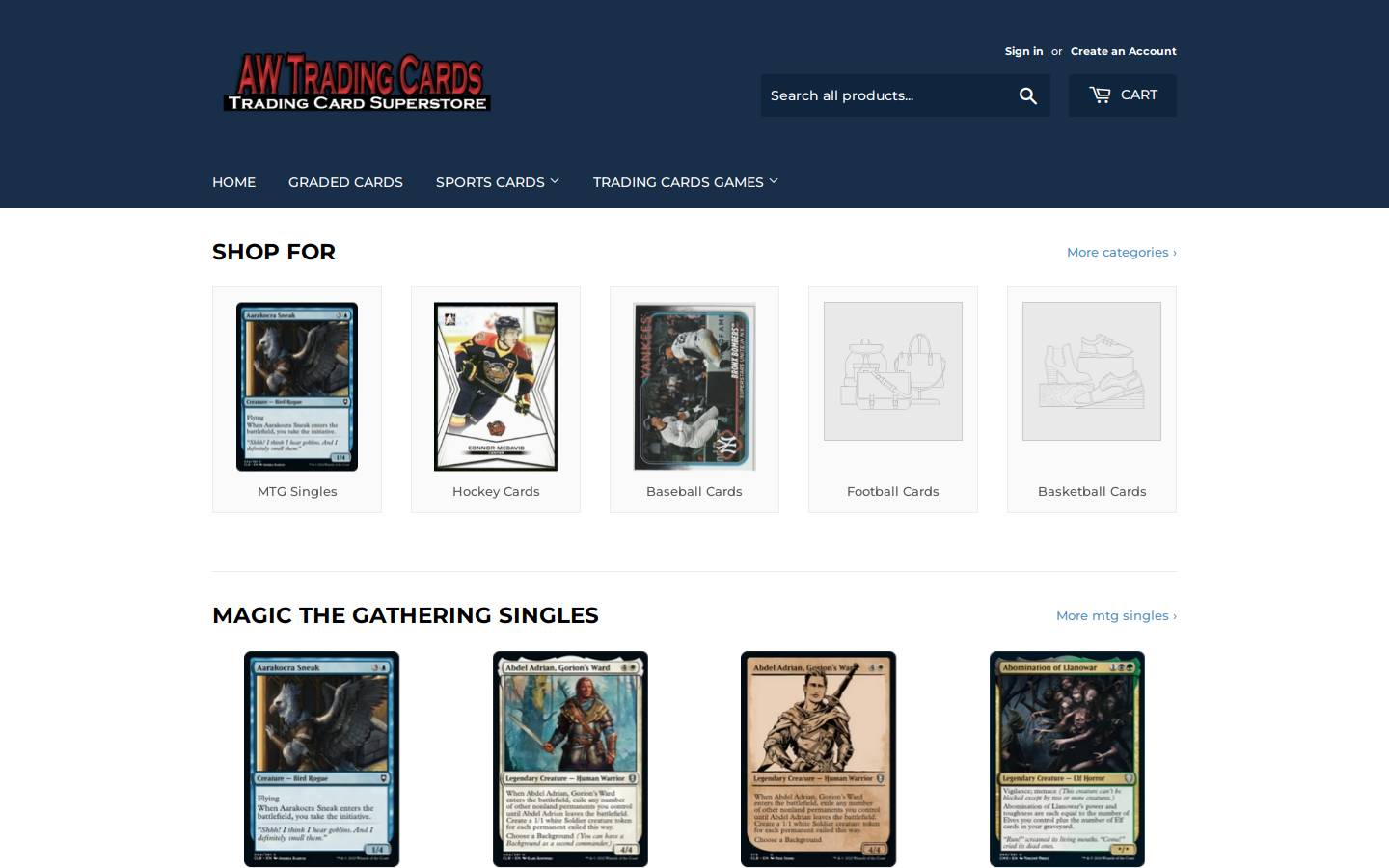 awtradingcards.ca homepage screenshot