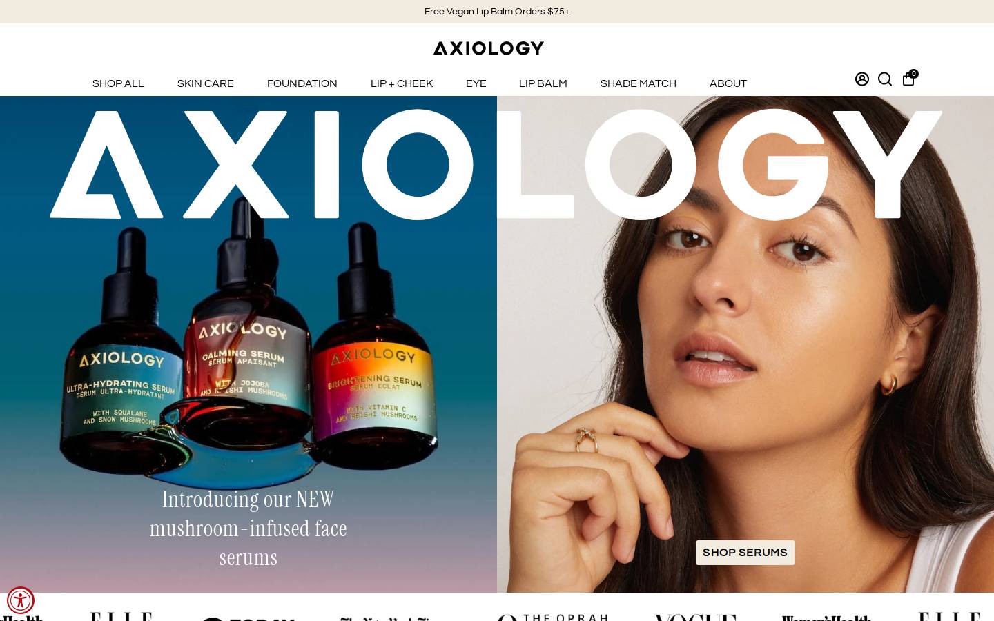 axiologybeauty.com homepage screenshot