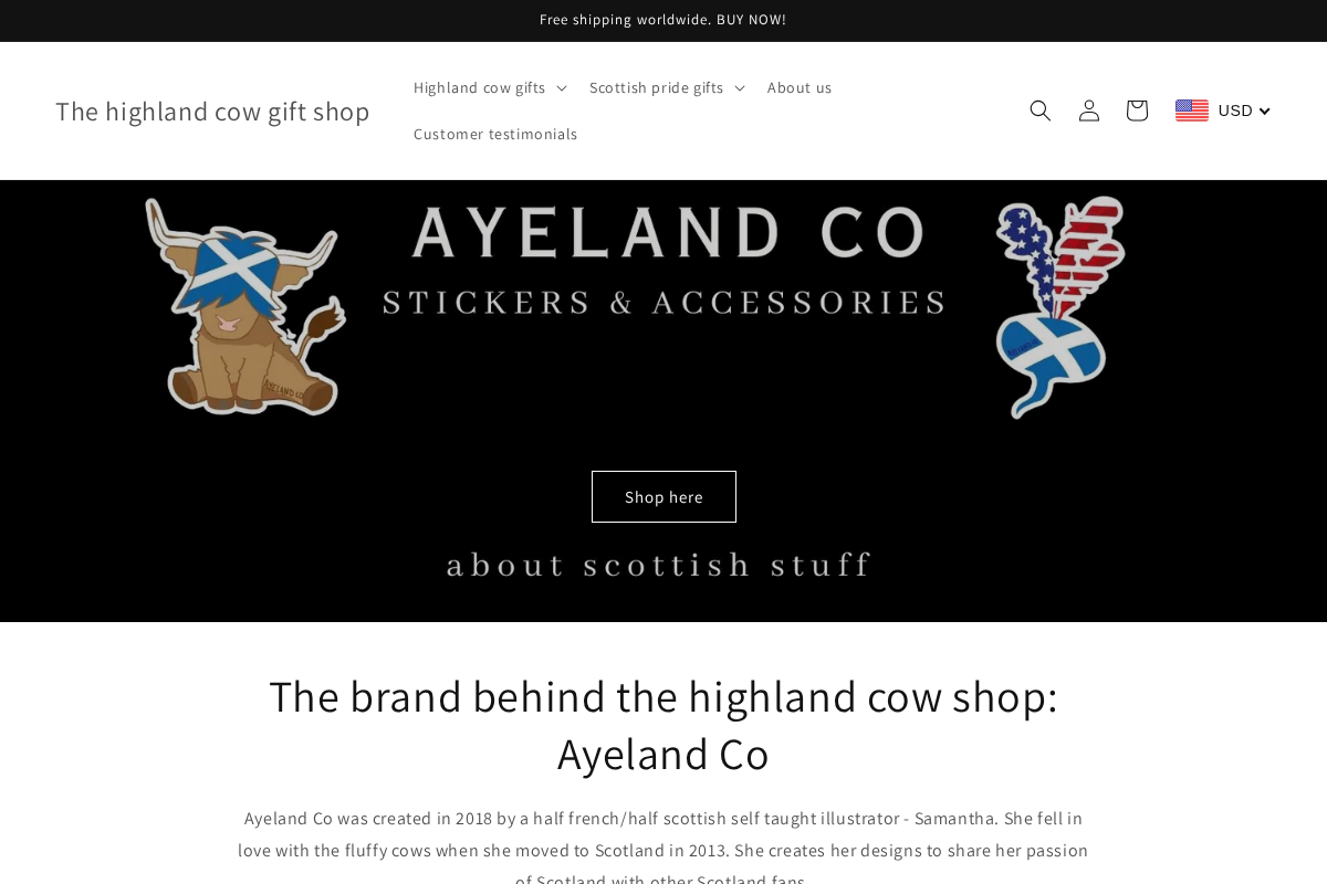 The highland cow gift shop homepage screenshot