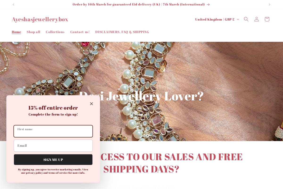 Ayeshasjewellerybox homepage screenshot