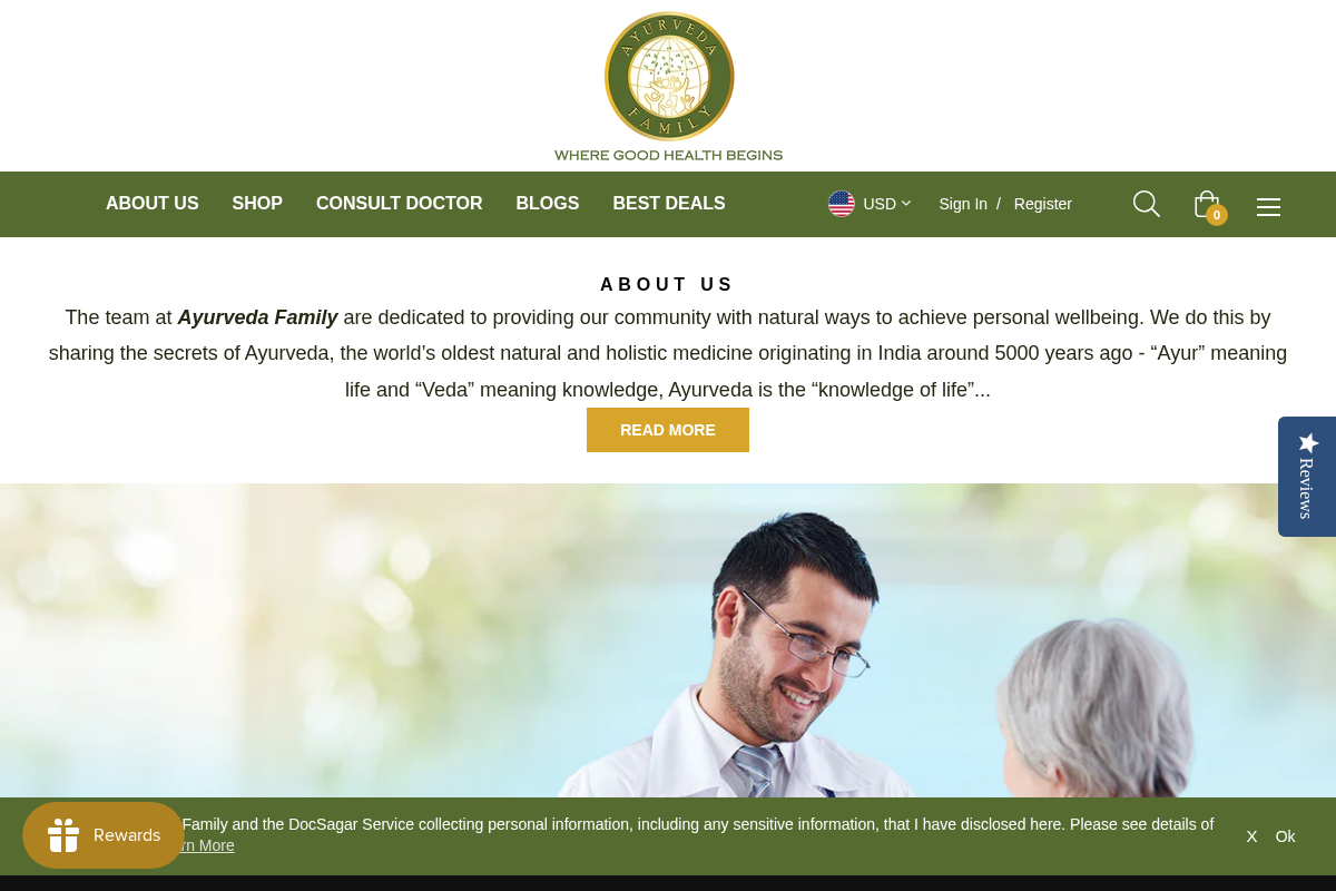 Ayurvedafamily homepage screenshot