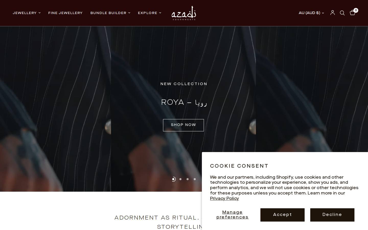 Azadiadornments homepage screenshot