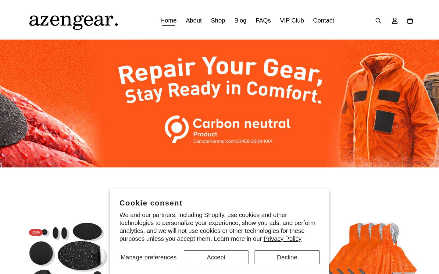 aZengear - Repair Your Gear, Stay Ready in Comfort homepage screenshot