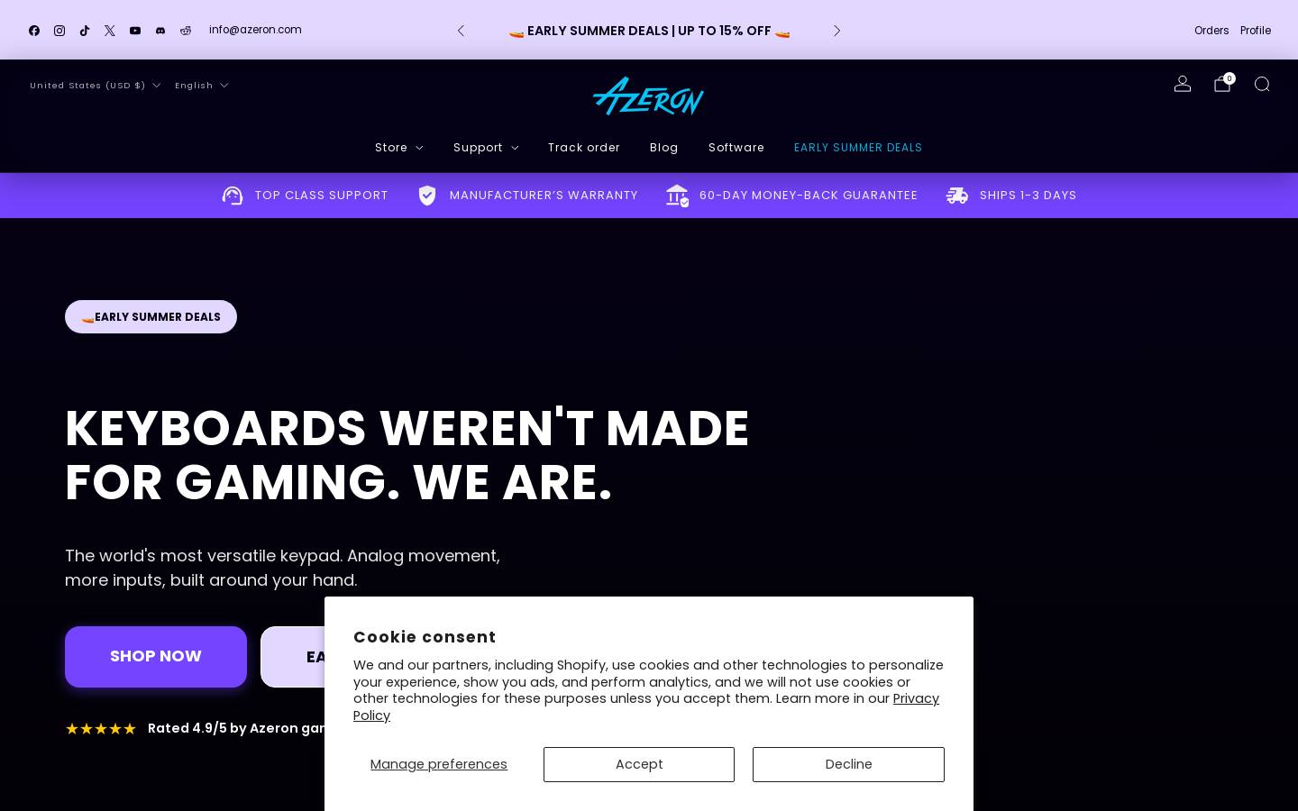 Azeron homepage screenshot