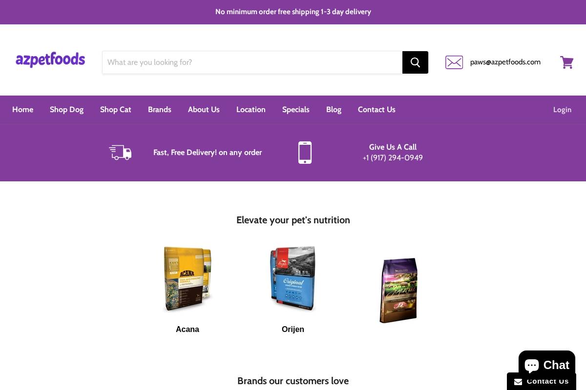 Azpetfoods homepage screenshot