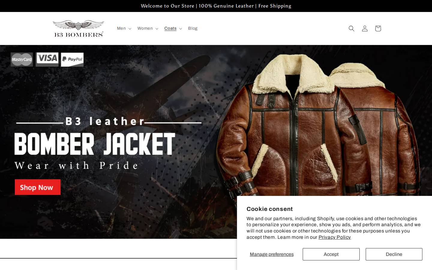 b3bomberjacket.com homepage screenshot
