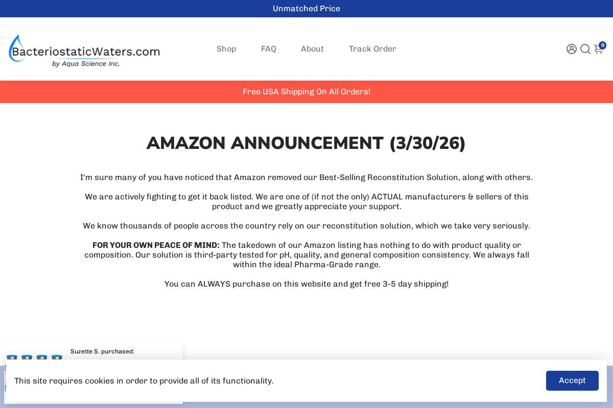 bacteriostaticwaters.com homepage screenshot