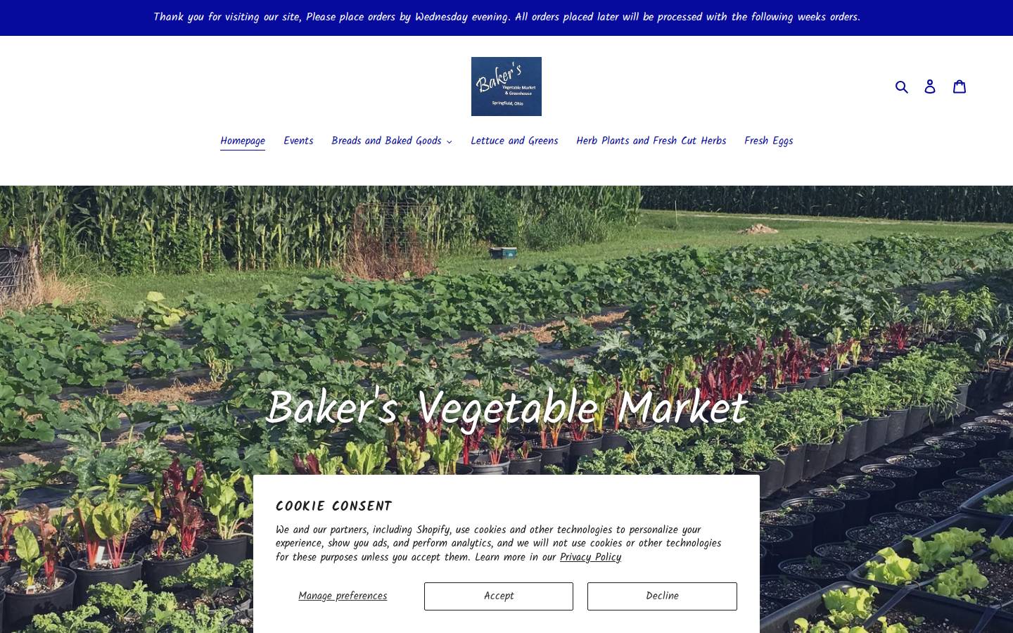bakersvegetablemarket.com homepage screenshot