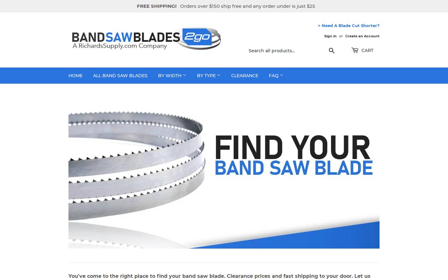 bandsawblades2go.com homepage screenshot