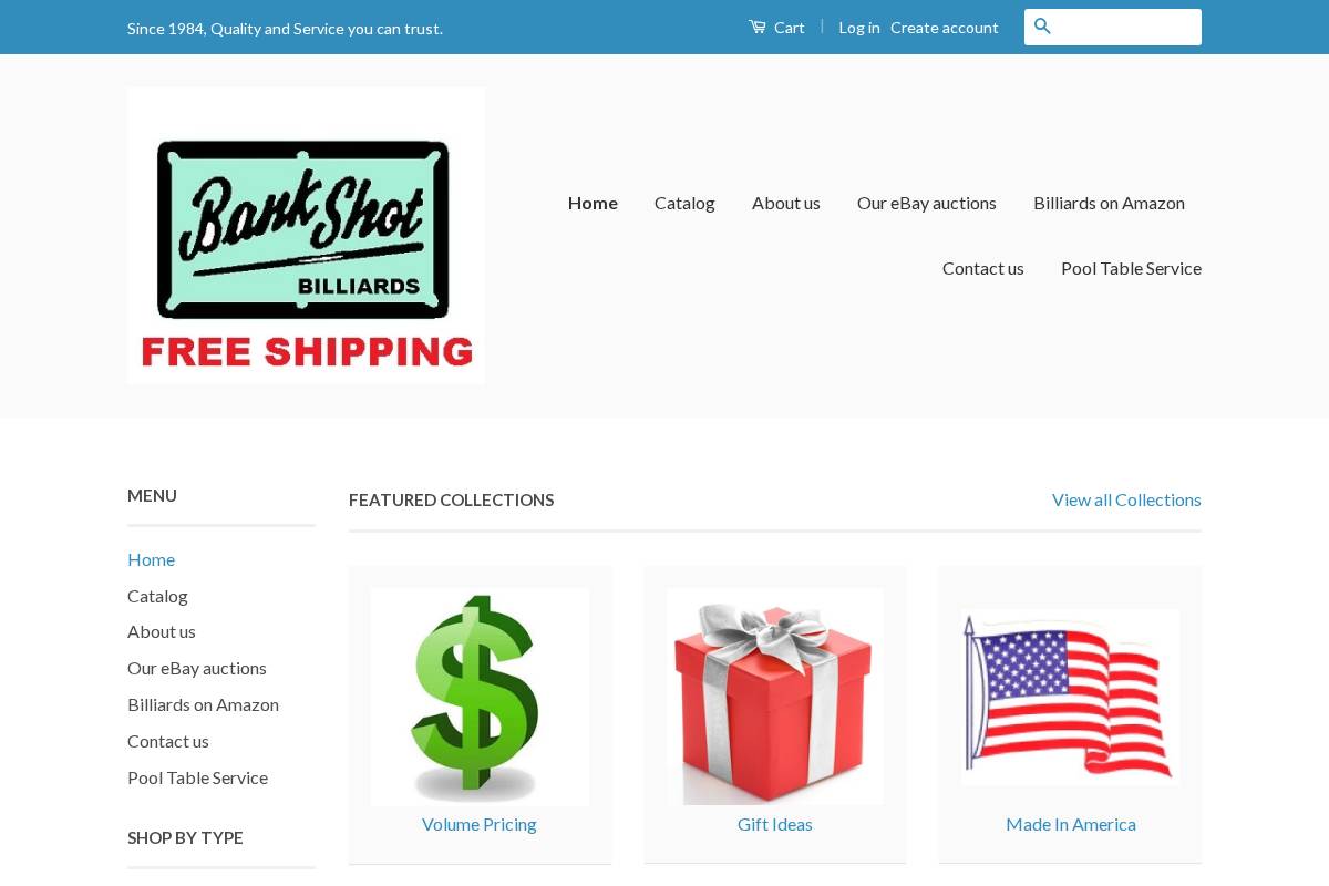 bankshotbilliards.com homepage screenshot