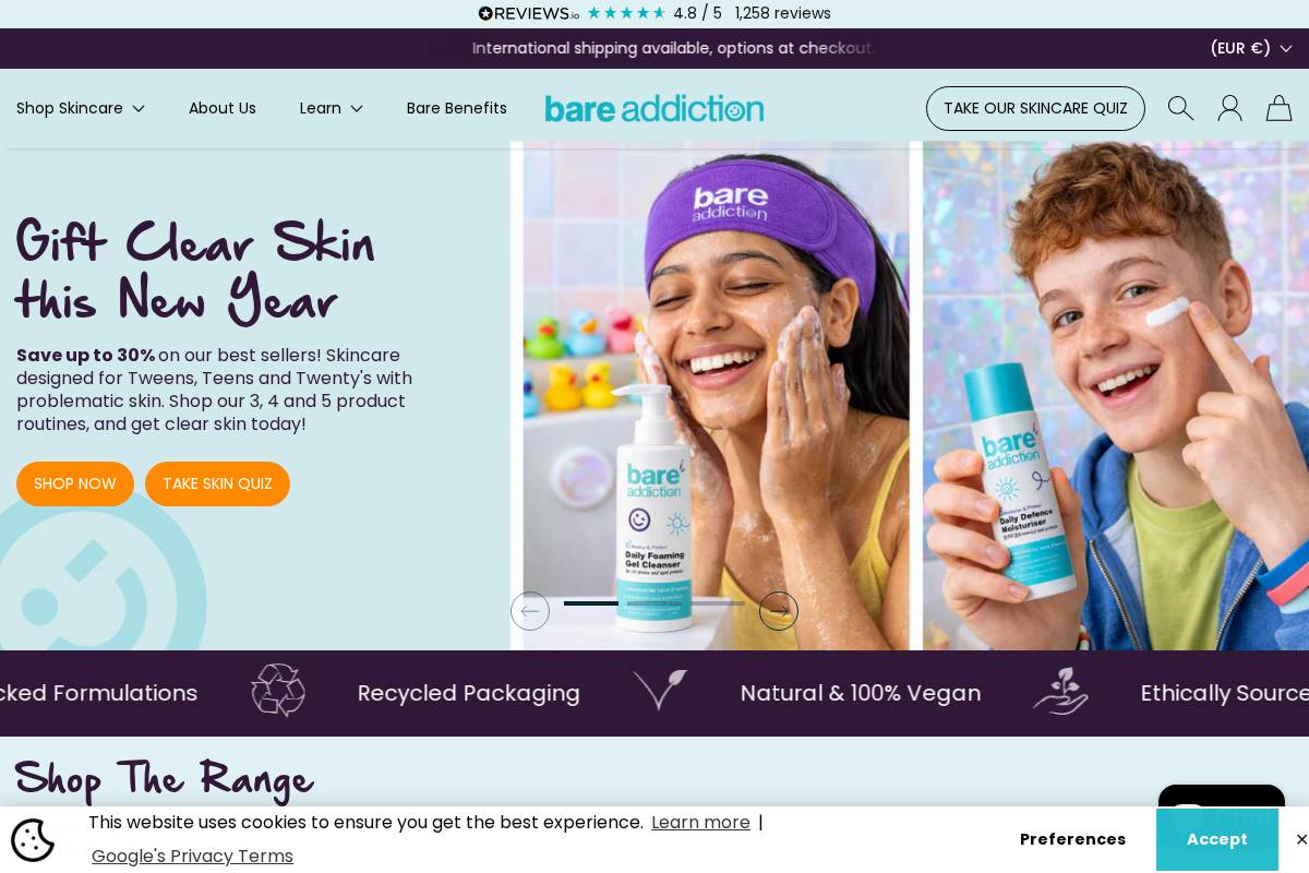 Bare Addiction Skincare homepage screenshot
