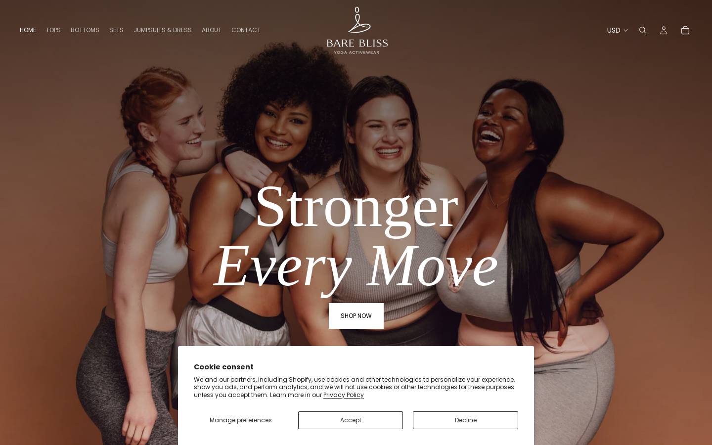bareblissyogaactivewear.com homepage screenshot