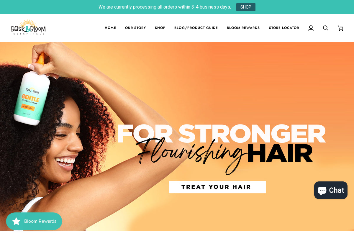 Bask & Bloom Essentials homepage screenshot