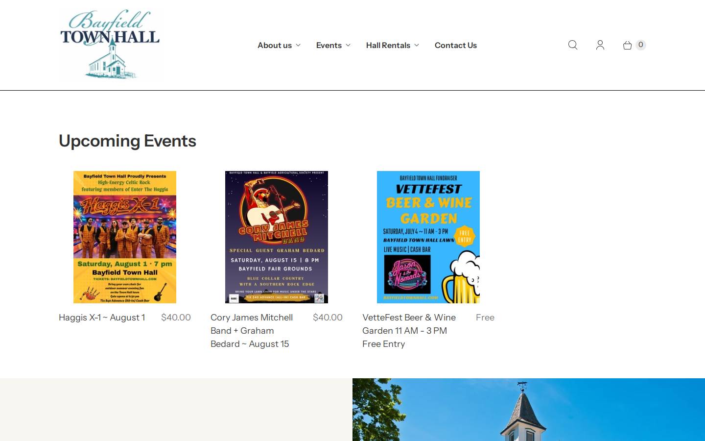 bayfieldtownhall.com homepage screenshot