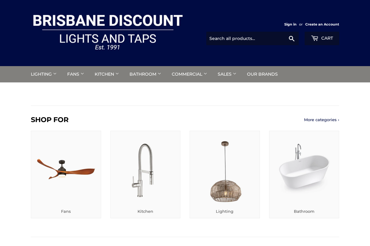 Brisbane Discount Lights and Taps homepage screenshot