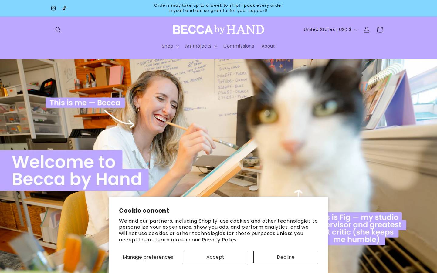 beccabyhand.com homepage screenshot