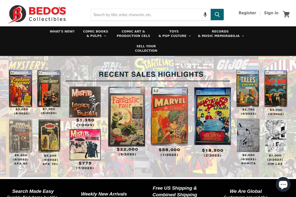Bedo's Collectibles homepage screenshot