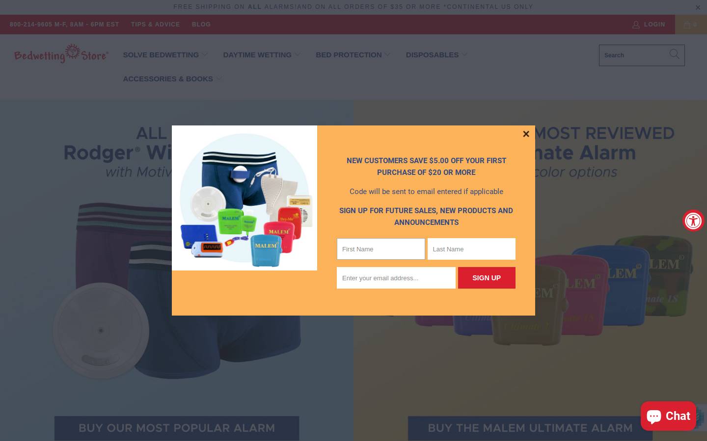 Bedwetting Store homepage screenshot