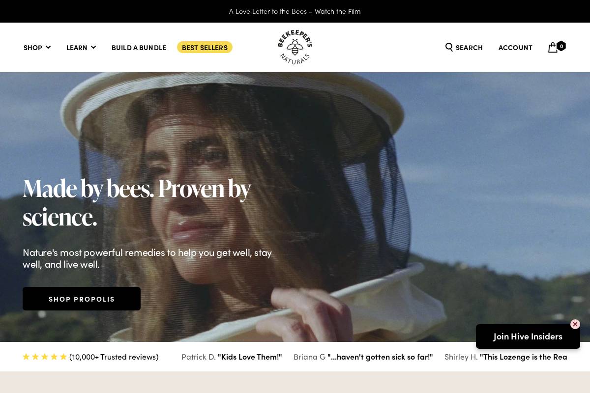 Beekeeper's Naturals homepage screenshot