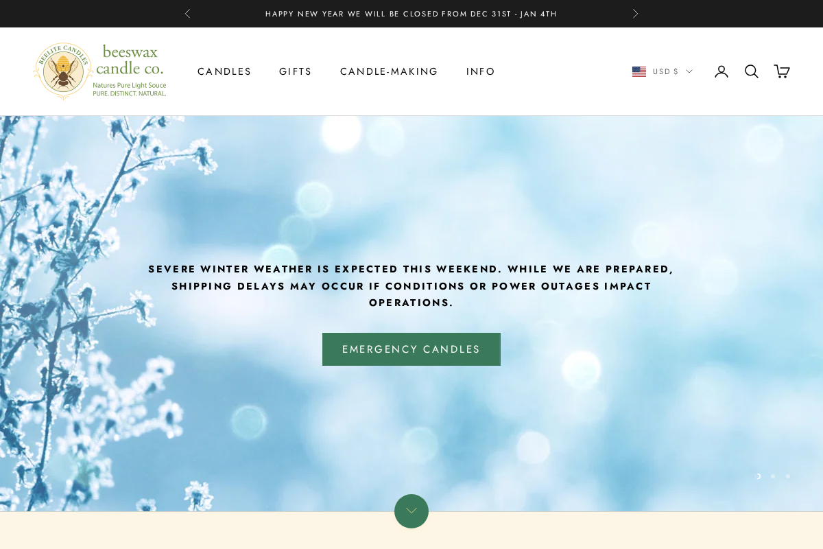 Beelite Candles homepage screenshot