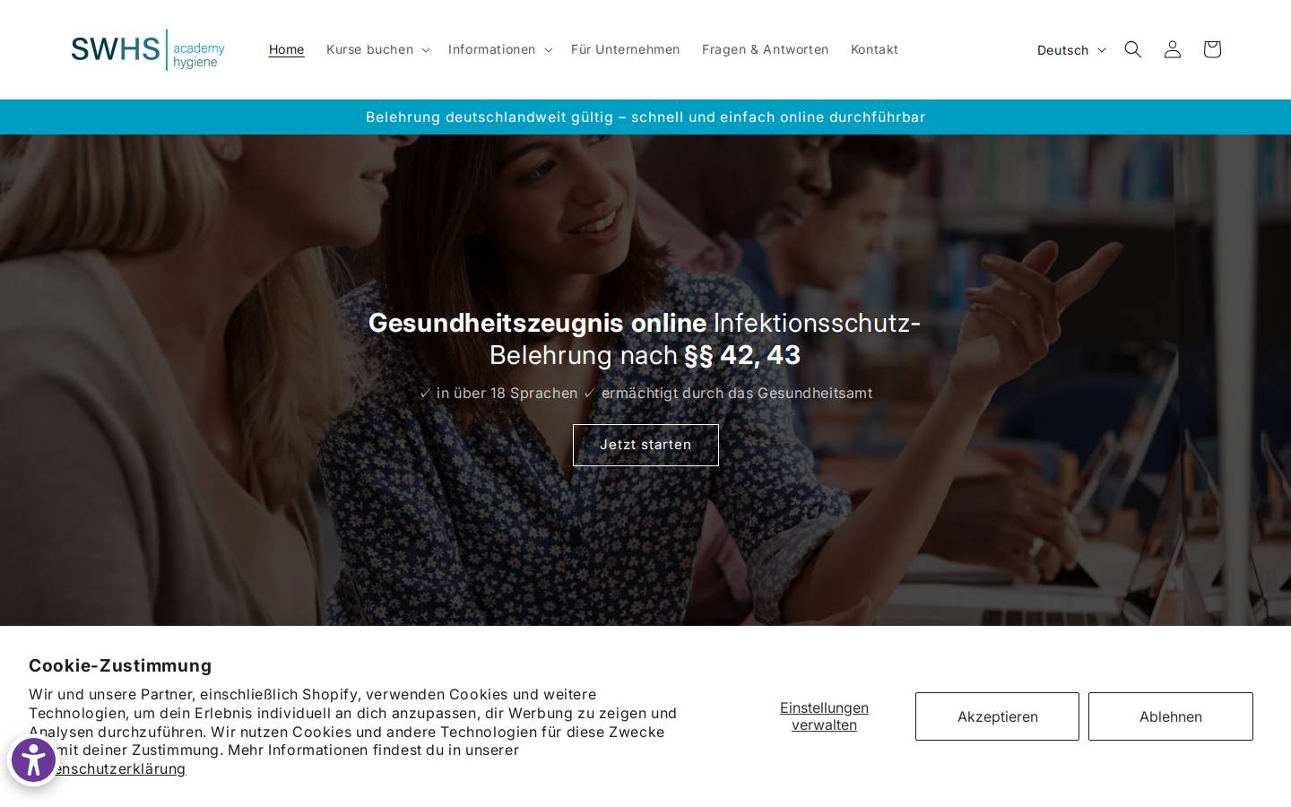 Belehrung IFSG homepage screenshot