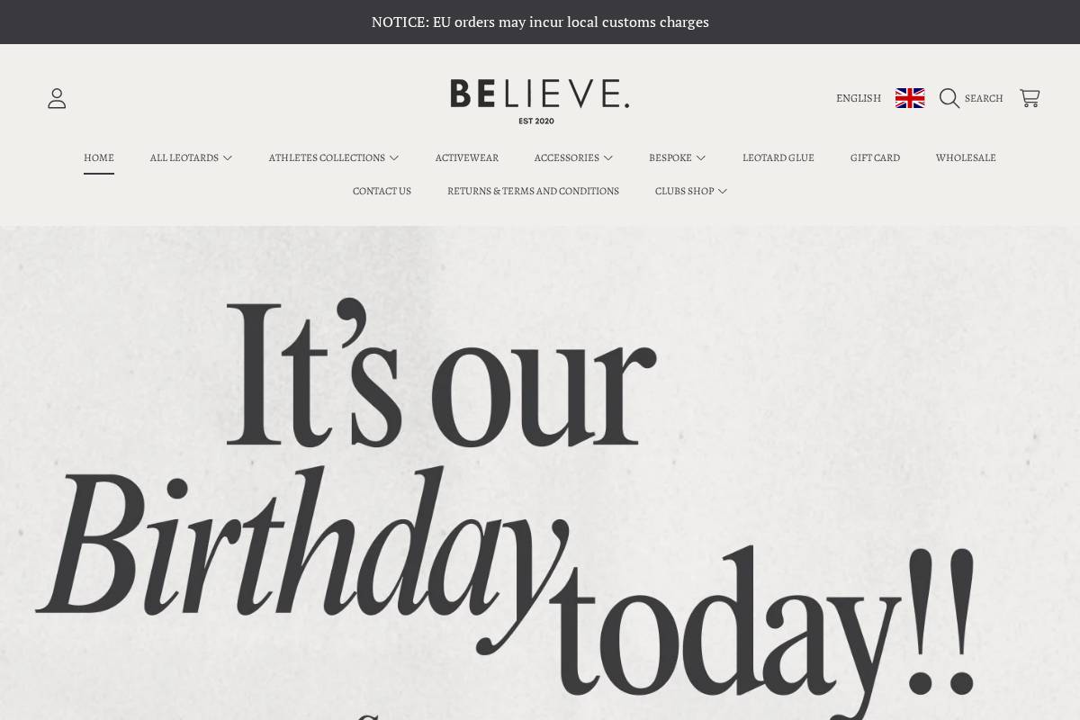 Believe Leotards homepage screenshot