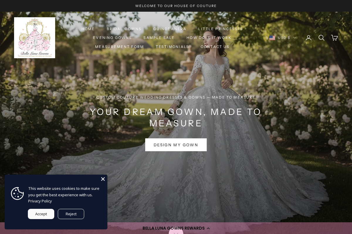Bella Luna Gowns homepage screenshot