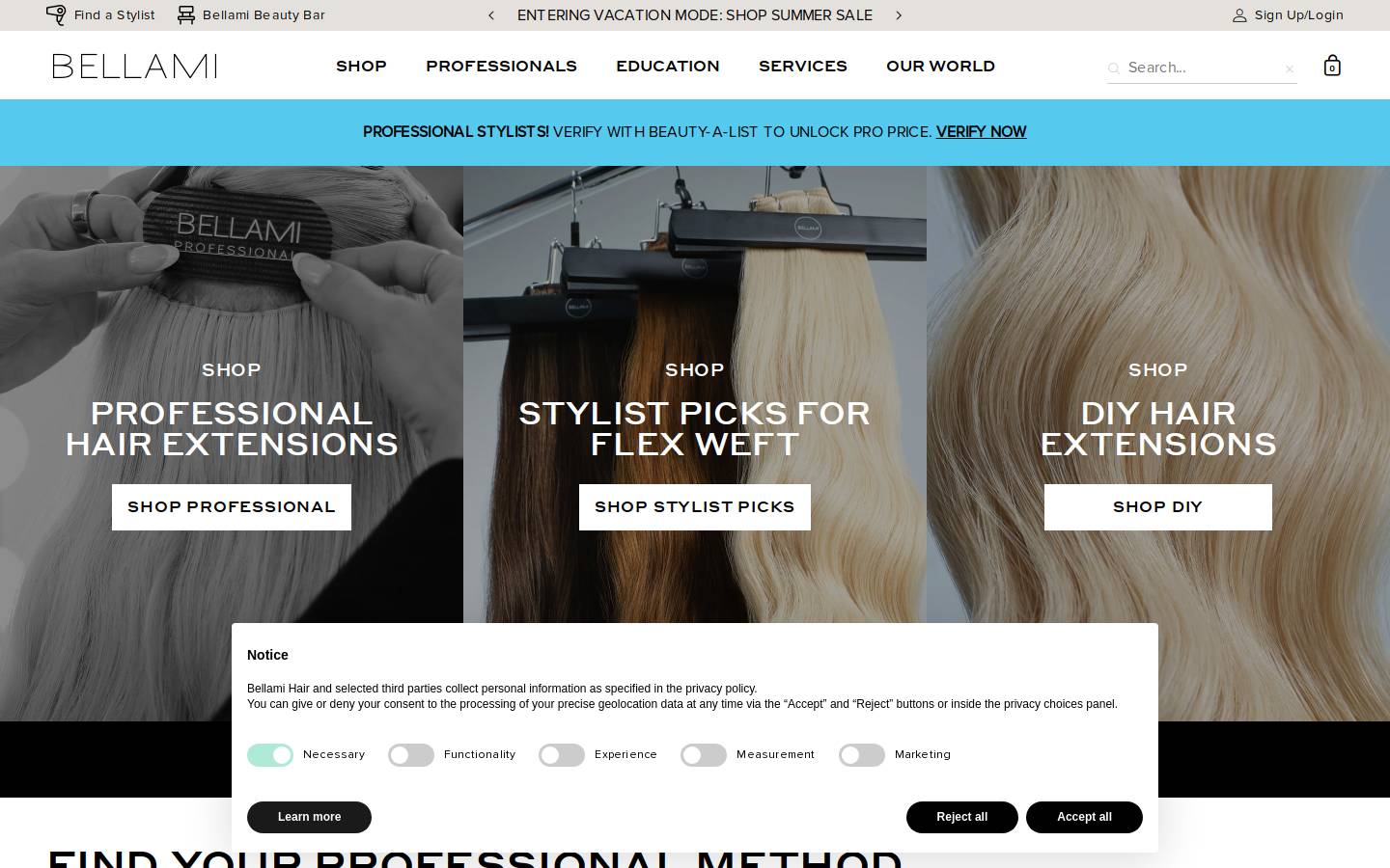 bellamiclipinhairextensions.com homepage screenshot