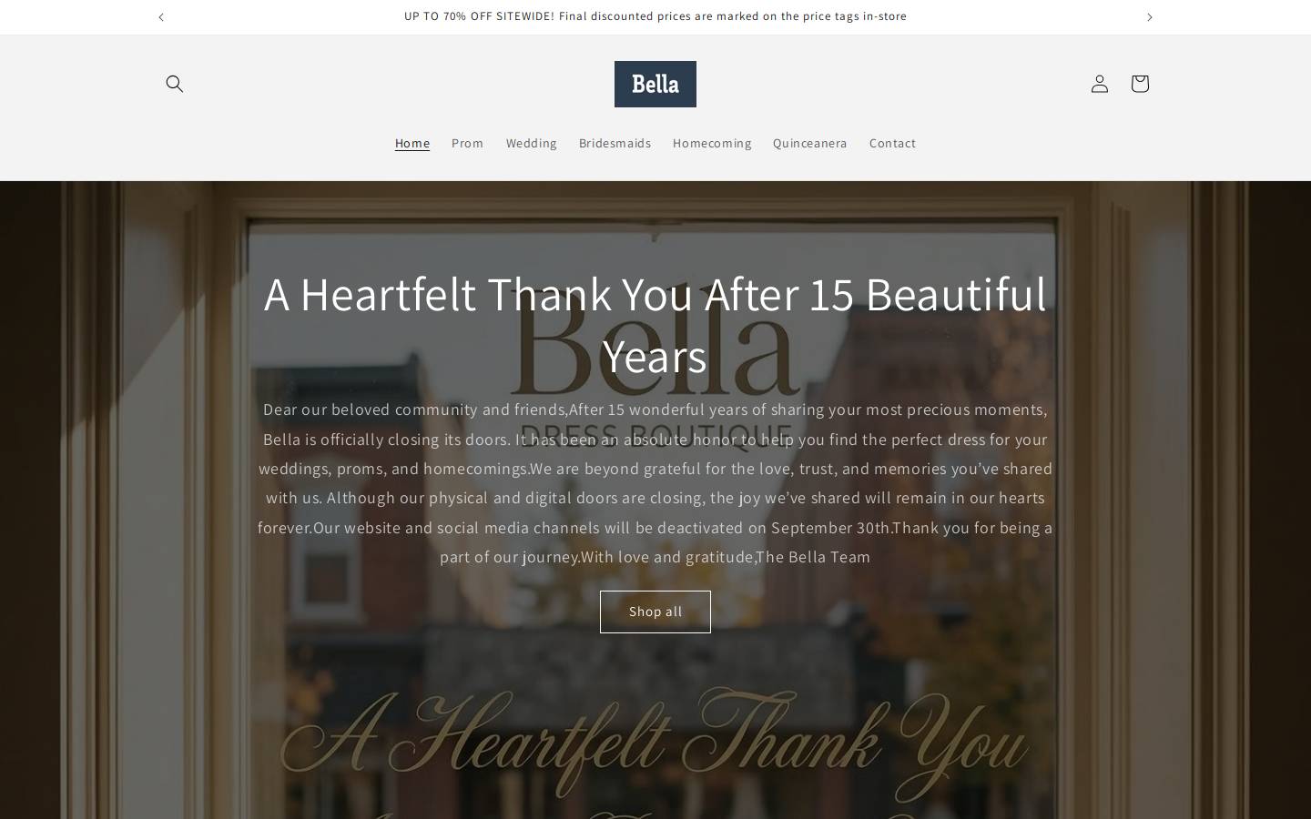 bellapromweddingdress.com homepage screenshot