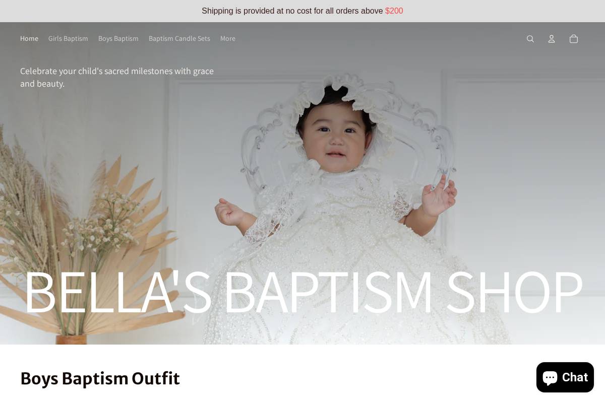 bellasbaptismshop.com homepage screenshot