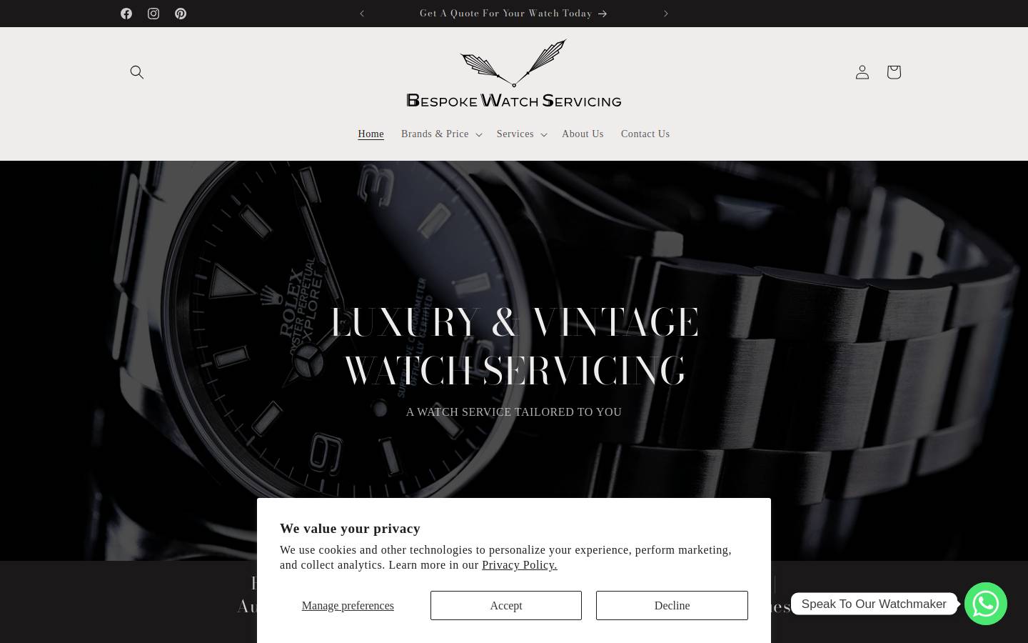 Bespoke Watch Servicing homepage screenshot