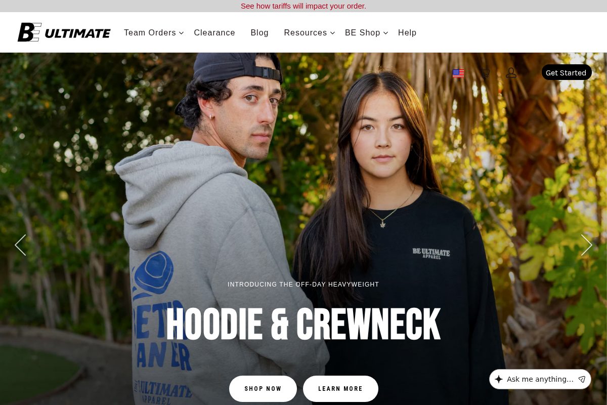 BE Ultimate Apparel homepage screenshot