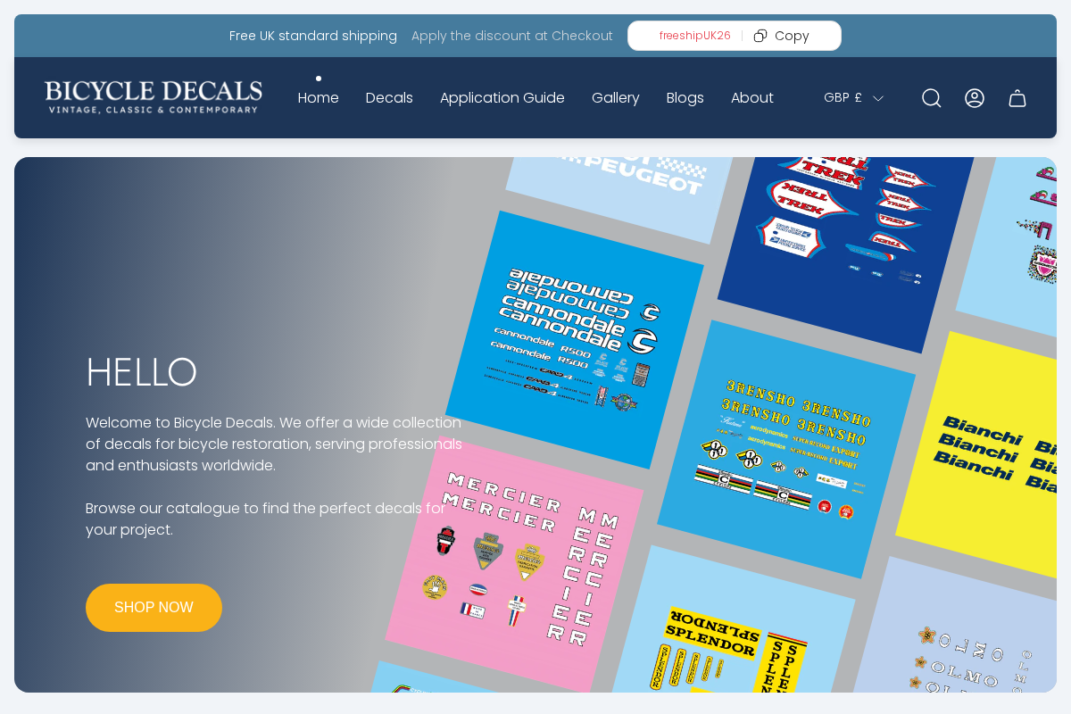 Bicycledecals homepage screenshot