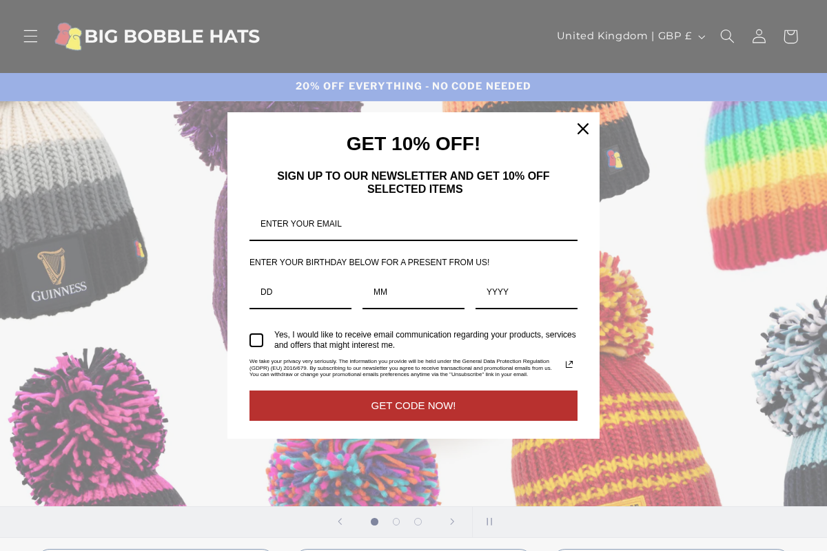 Big Bobble Hats homepage screenshot