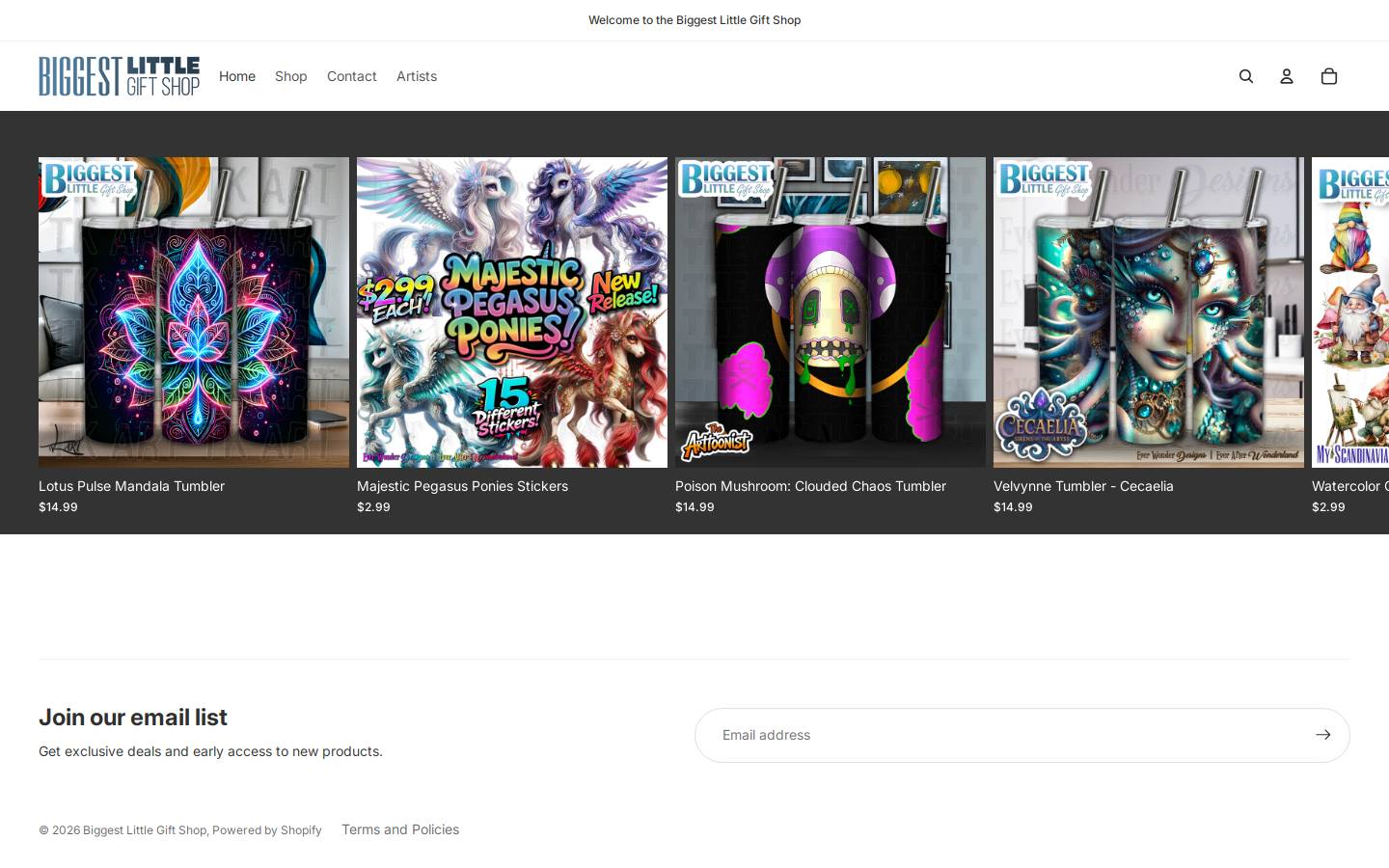 biggestlittlegiftshop.com homepage screenshot
