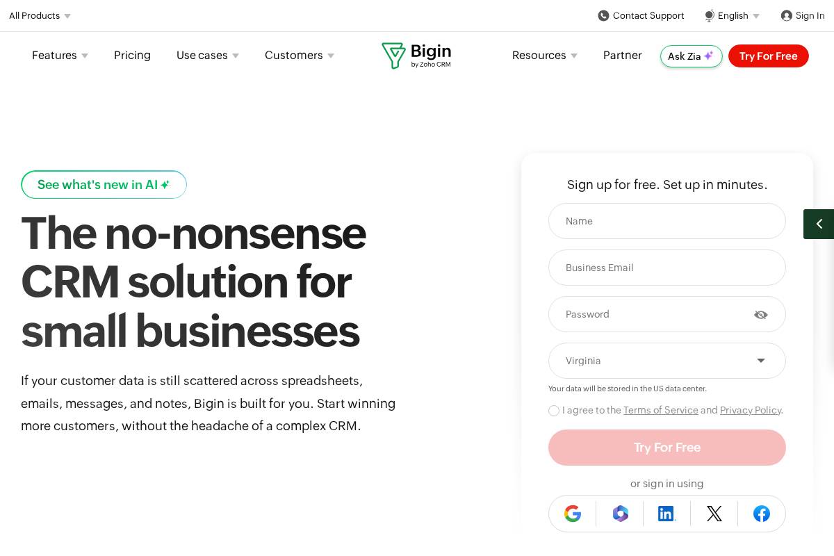 bigin.zoho.in homepage screenshot