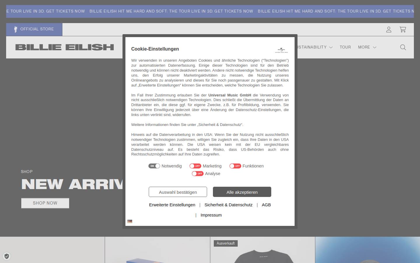 Billieeilishstore homepage screenshot